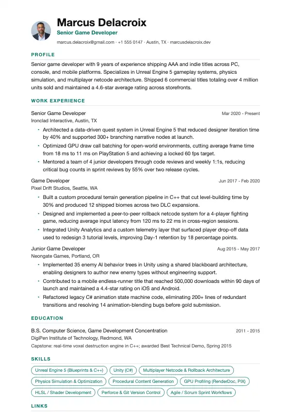 Spiludvikler CV-eksempel