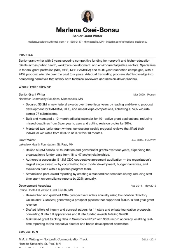 Fundraiser (fondsansøgninger) CV-eksempel