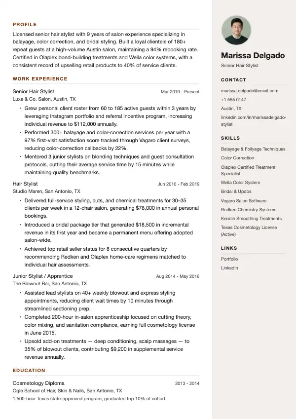 Przykład CV, Fryzjer stylista