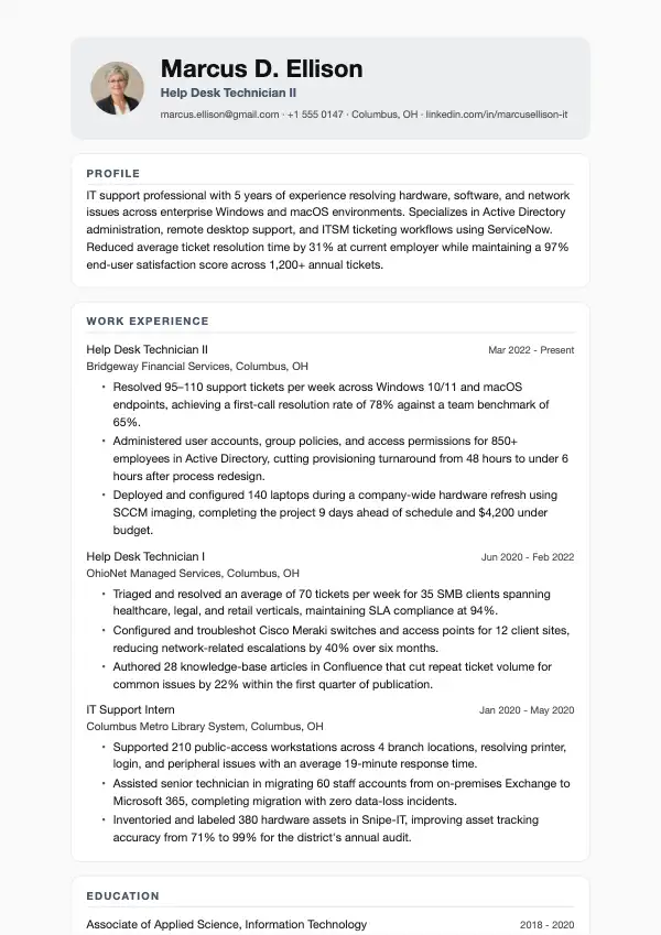 Helpdesk-tekniker CV-eksempel