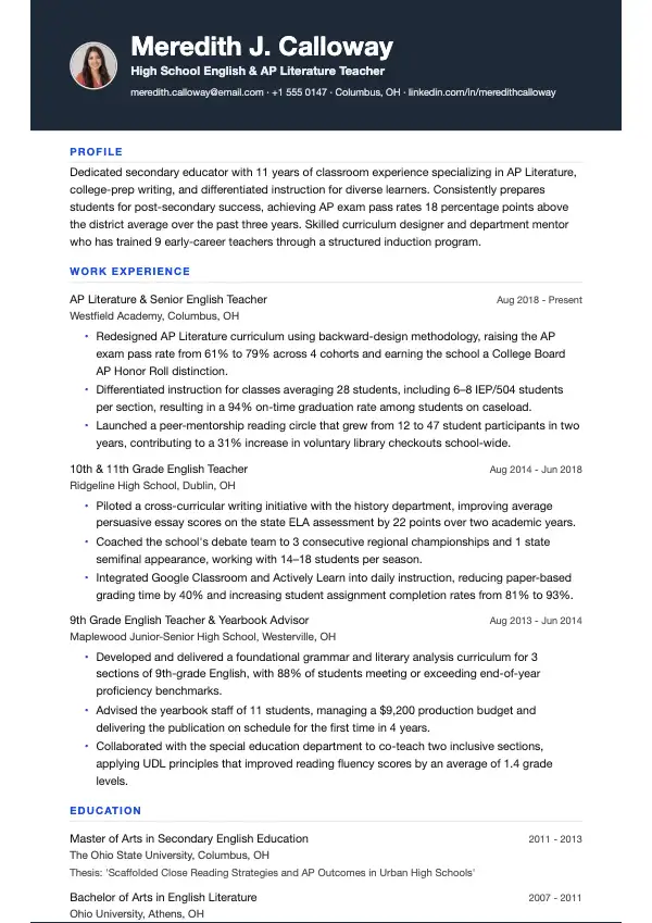 Gymnasielærer CV-eksempel