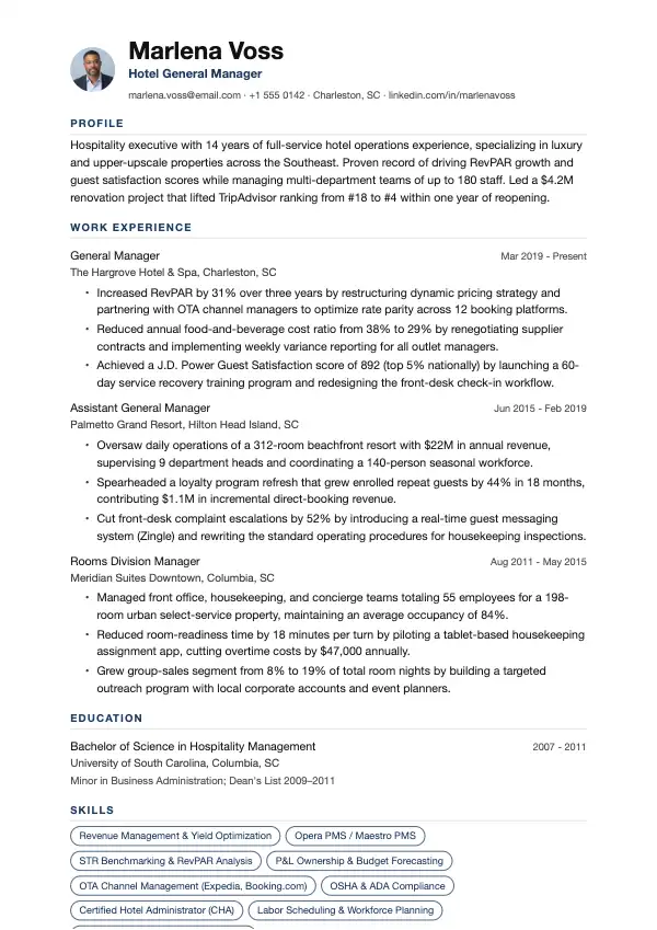 Hotelchef CV-eksempel