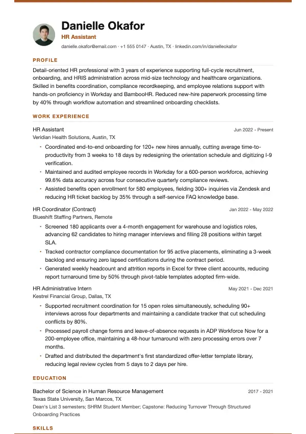 Przykład CV, Asystent HR