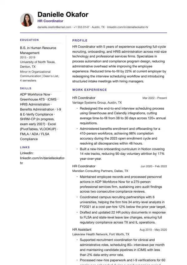 Przykład CV, Koordynator HR