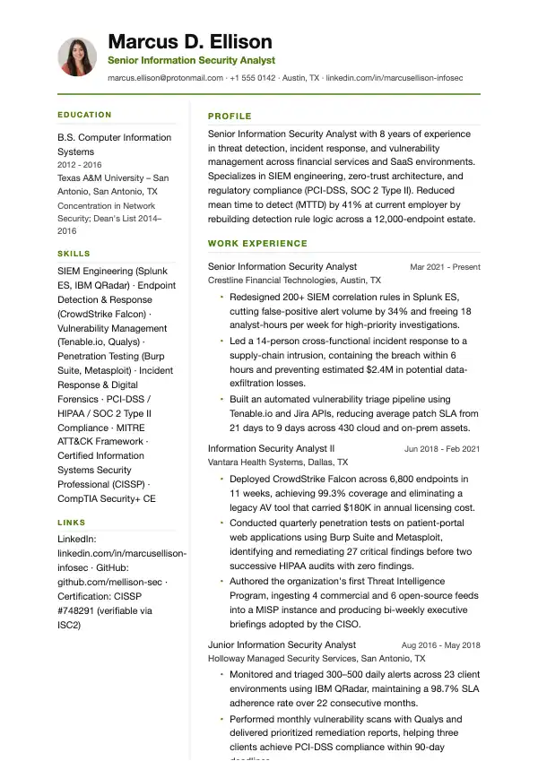 Przykład CV, Analityk bezpieczeństwa informacji