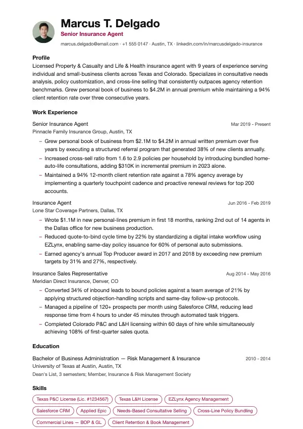 Forsikringsagent CV-eksempel