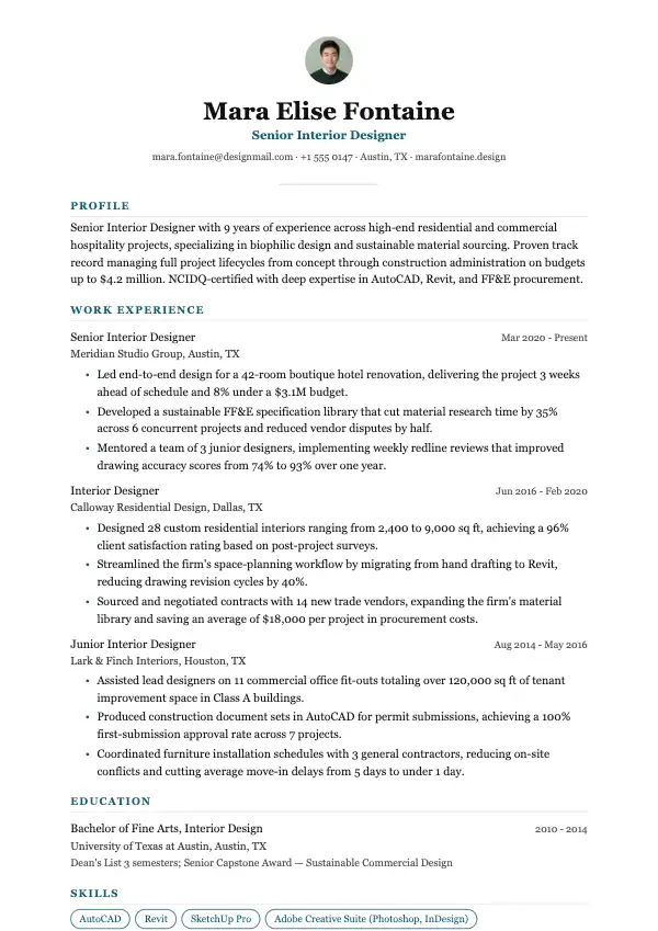 Przykład CV, Projektant wnętrz