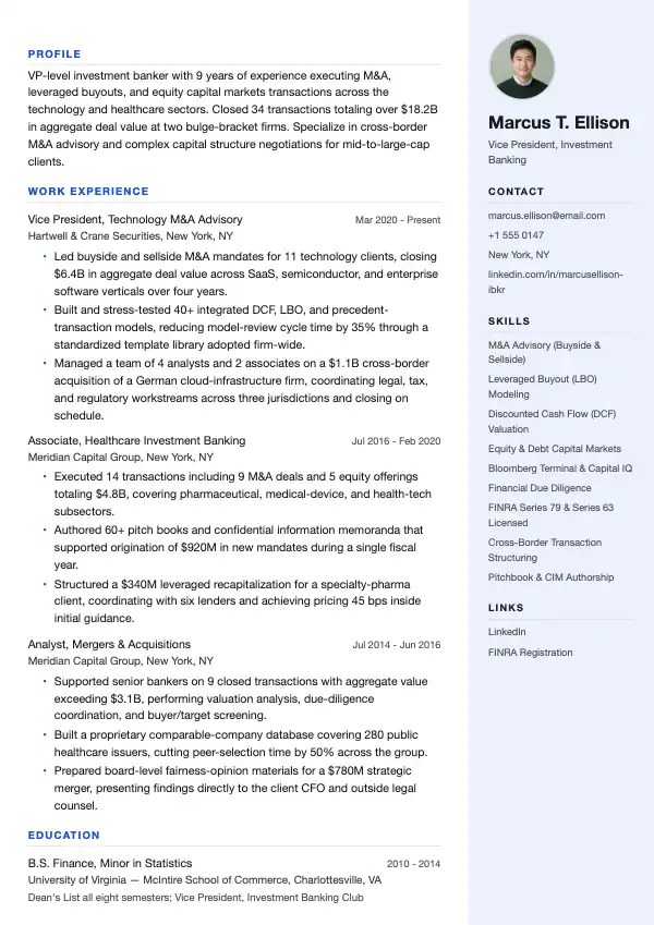 Investment banker CV-eksempel