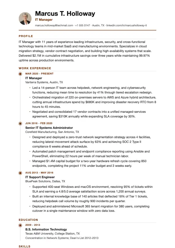 Przykład CV, Menedżer IT