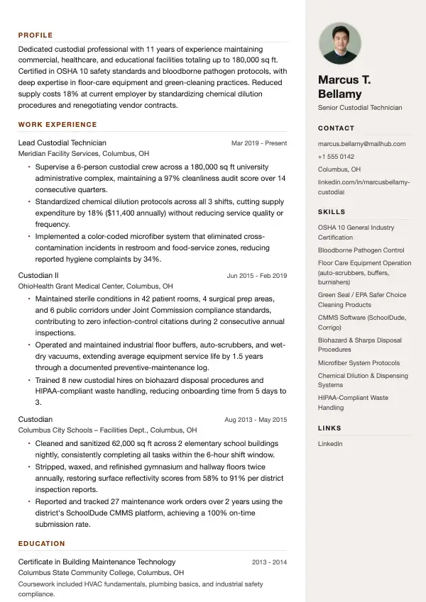 Przykład CV, Sprzątacz