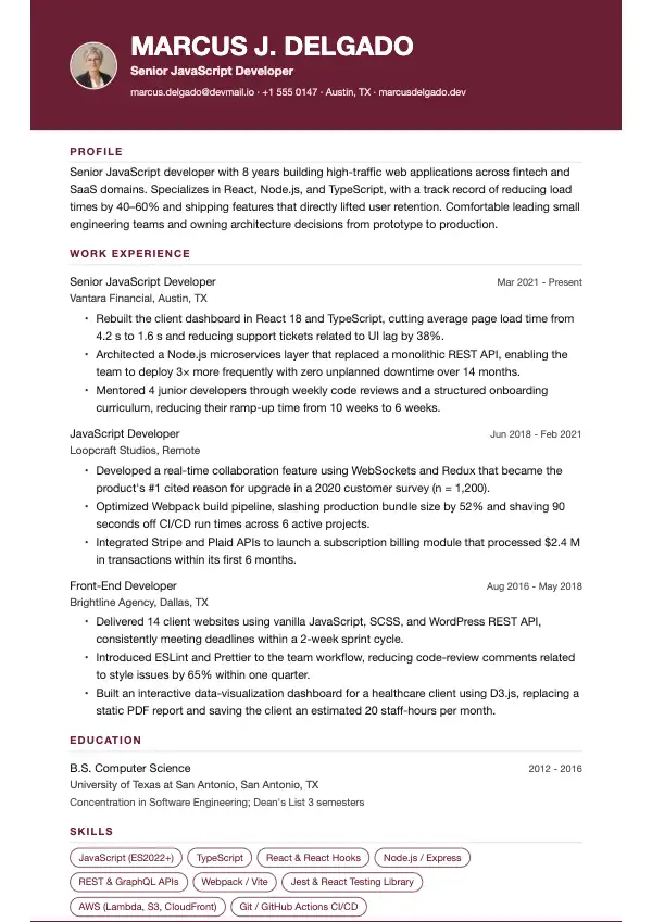 JavaScript-udvikler CV-eksempel