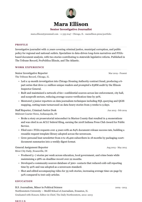 Przykład CV, Dziennikarz