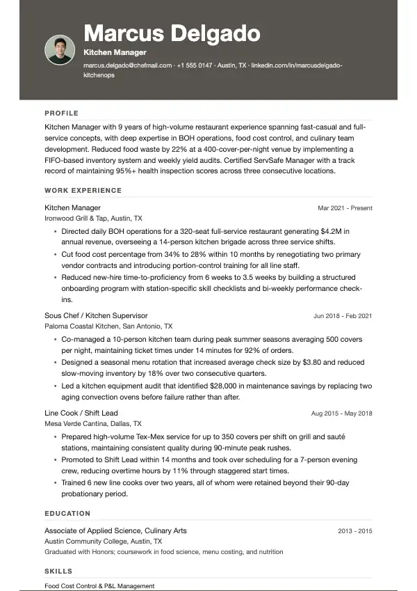 Køkkenchef CV-eksempel