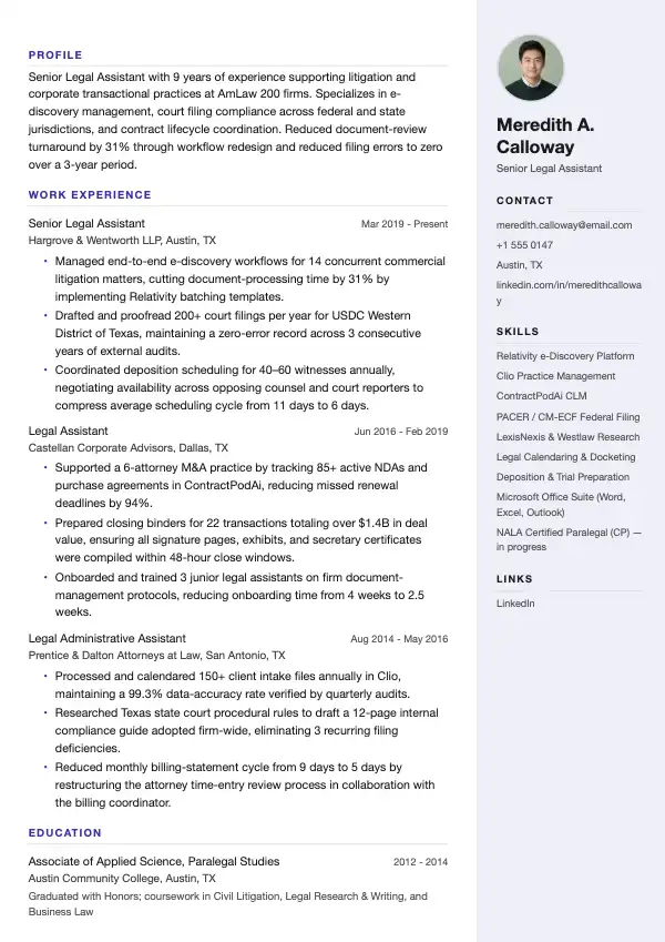 Juridisk assistent CV-eksempel