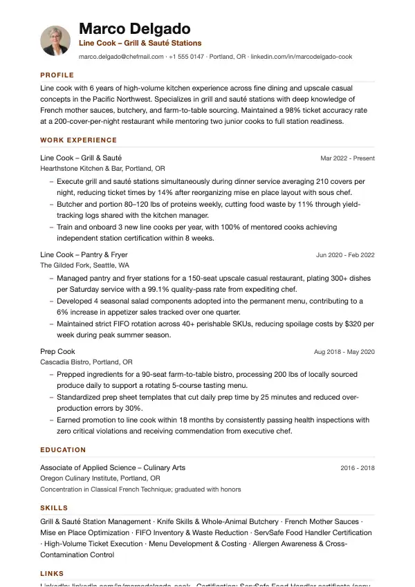 À la carte-kok CV-eksempel