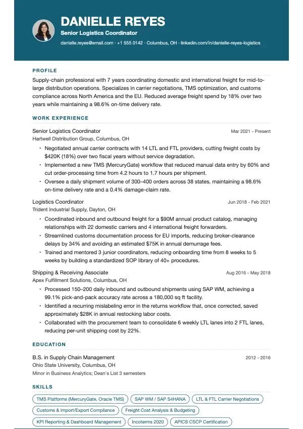Logistikkoordinator CV-eksempel
