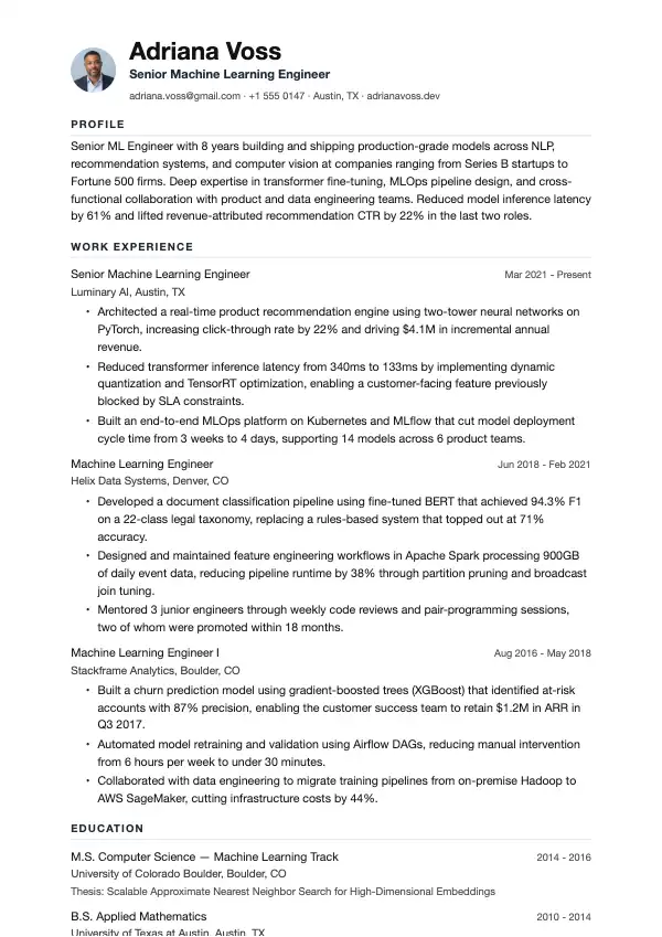 Przykład CV, Inżynier Machine Learning