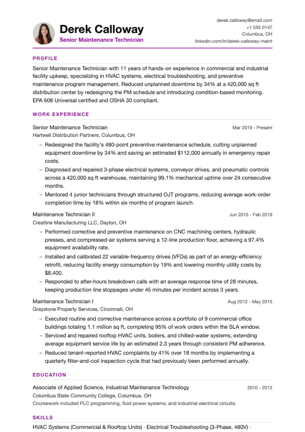 Przykład CV, Technik utrzymania ruchu