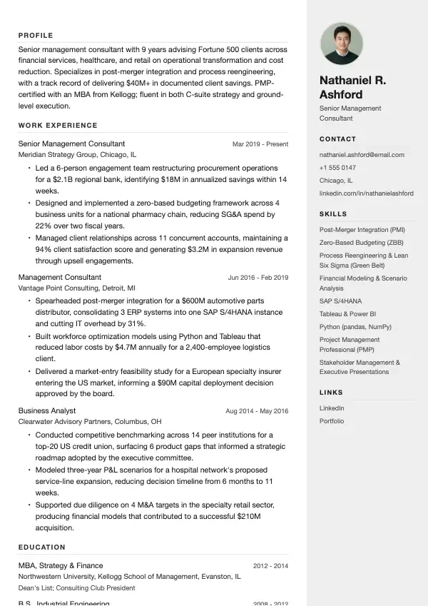 Przykład CV, Konsultant ds. zarządzania
