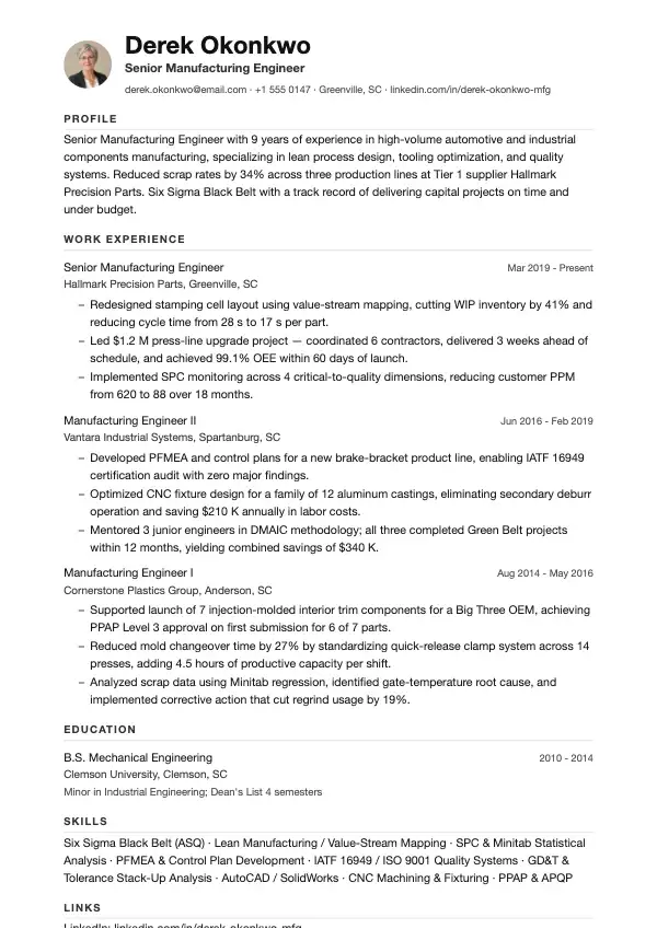 Produktionsingeniør CV-eksempel