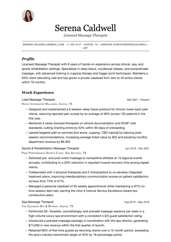 Przykład CV, Masażysta
