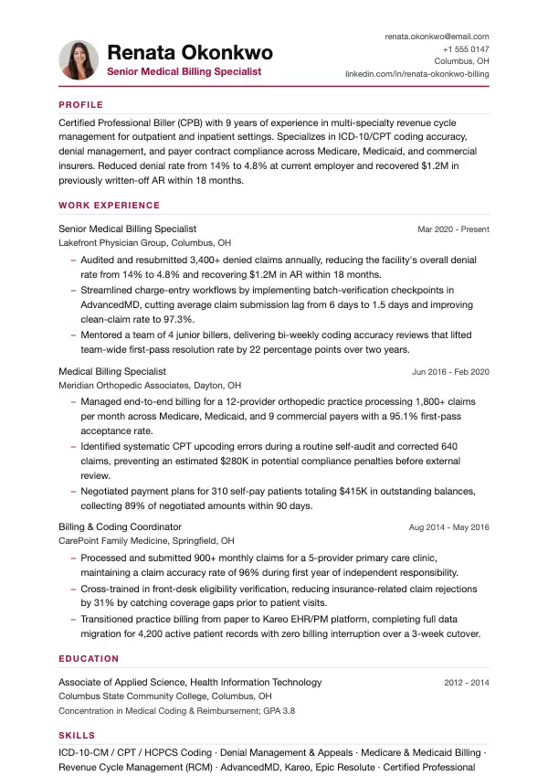 Specialist i medicinsk fakturering CV-eksempel