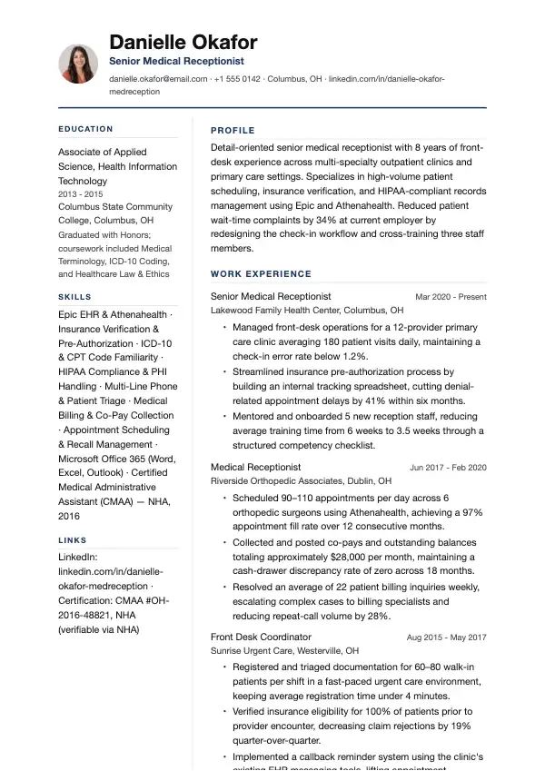 Przykład CV, Rejestratorka medyczna