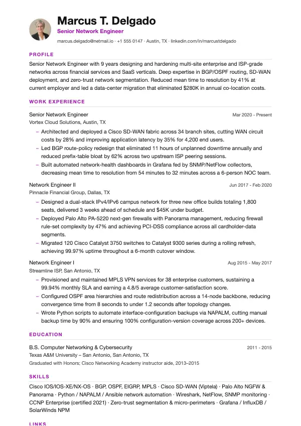 Netværksingeniør CV-eksempel