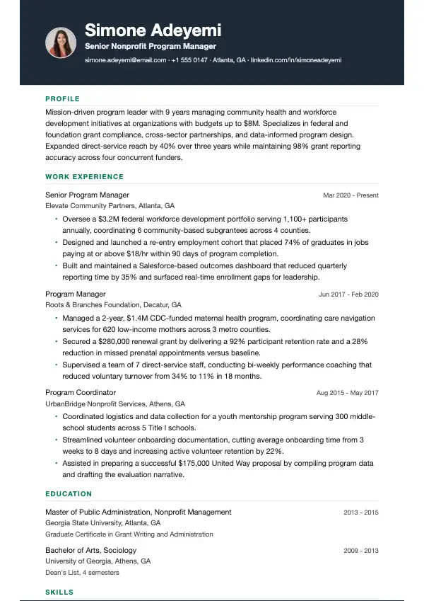 Programchef i nonprofit CV-eksempel