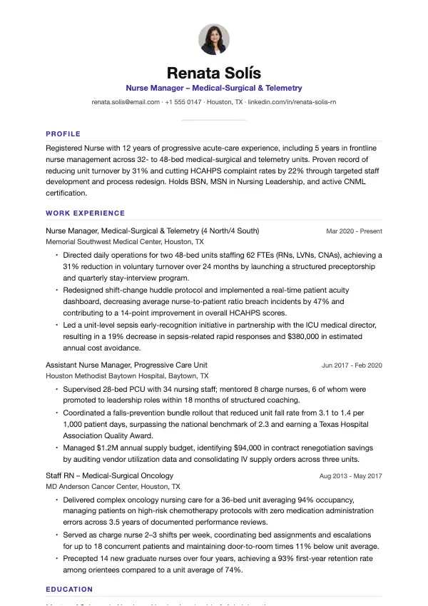 Sygeplejeleder CV-eksempel