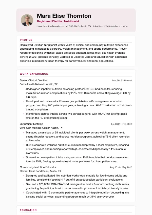 Przykład CV, Dietetyk
