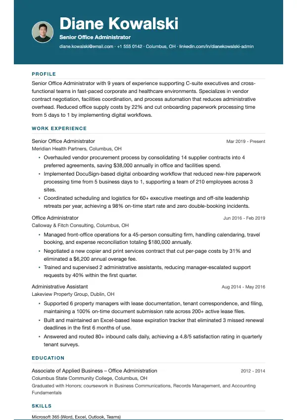 Kontoradministrator CV-eksempel