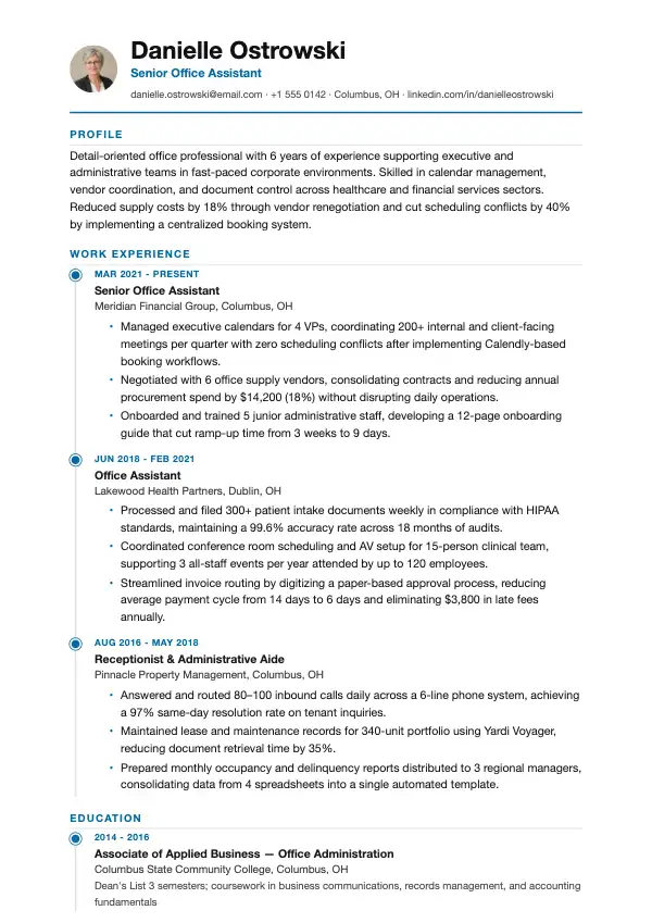 Przykład CV, Asystent biurowy