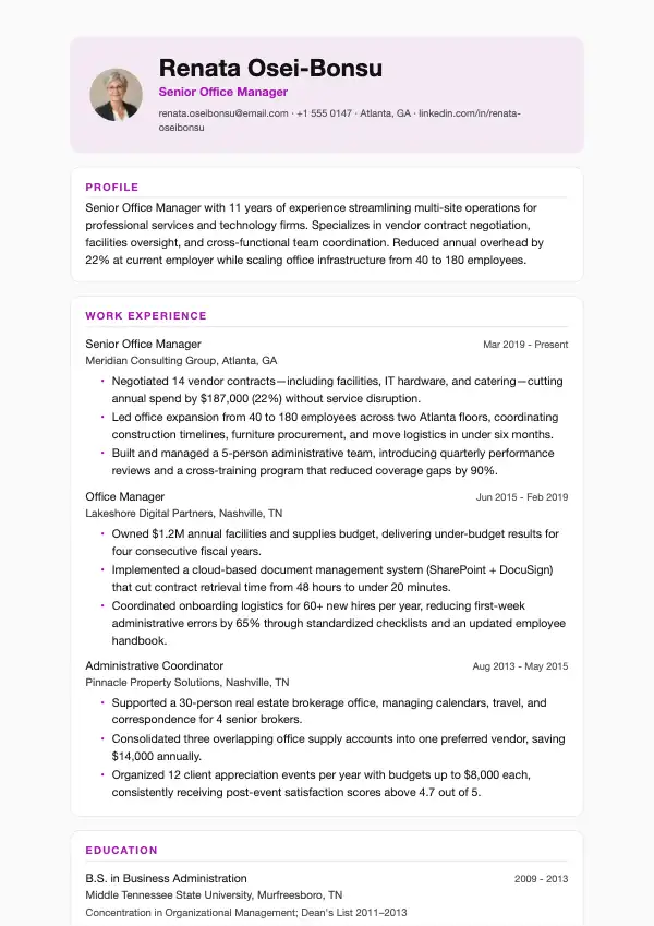Kontorchef CV-eksempel