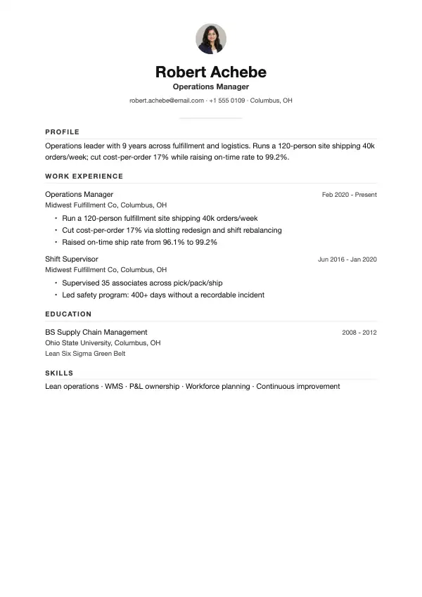 Przykład CV, Menedżer operacyjny