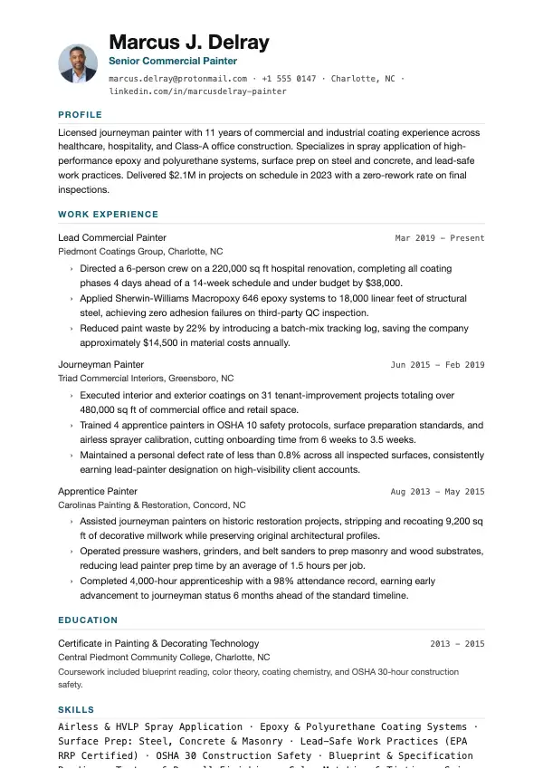 Przykład CV, Malarz