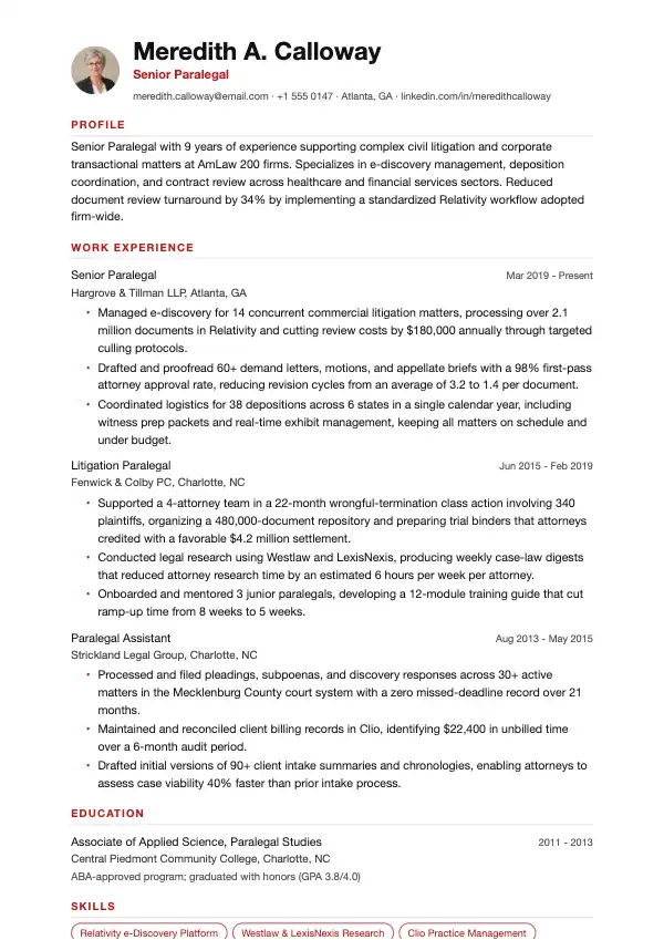 Paralegal CV-eksempel