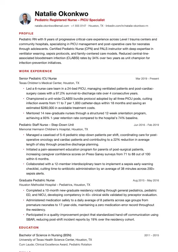 Przykład CV, Pielęgniarka pediatryczna