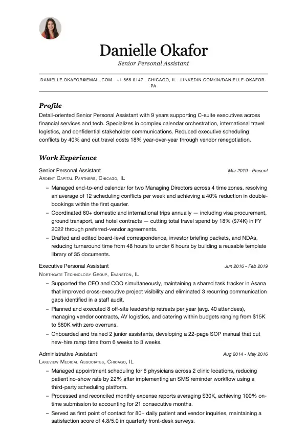Przykład CV, Asystent osobisty