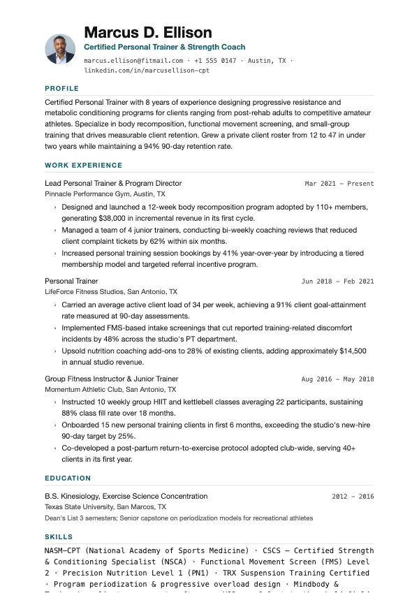 Przykład CV, Trener personalny