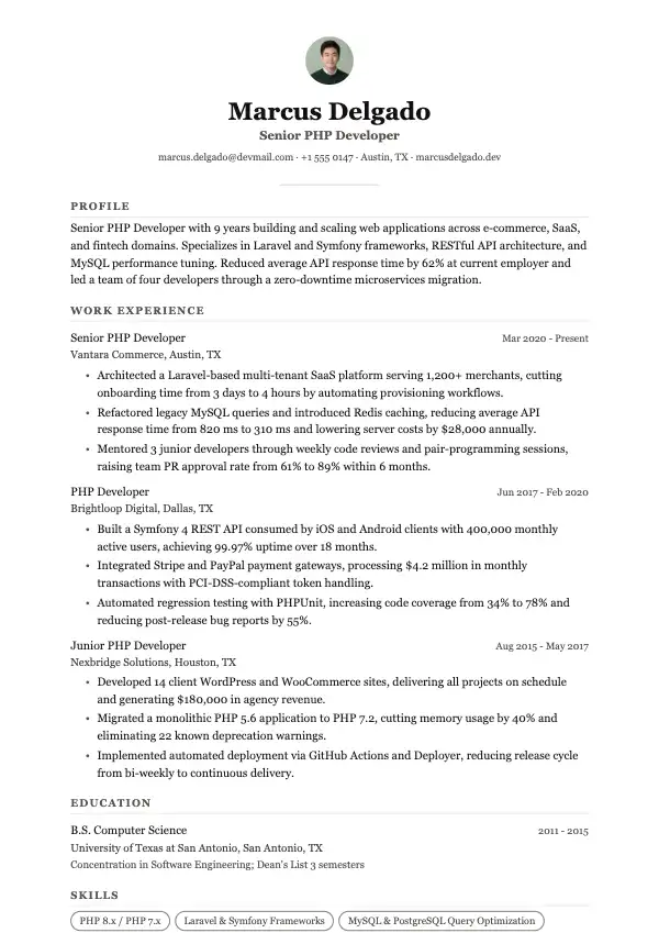 Przykład CV, PHP Developer