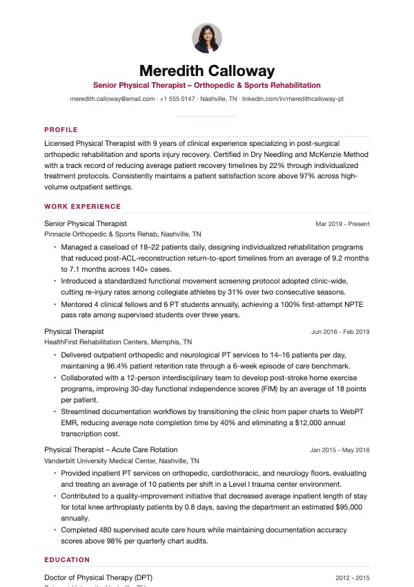 Przykład CV, Fizjoterapeuta