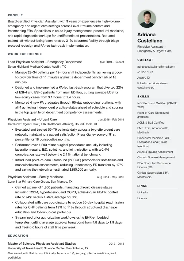 Przykład CV, Asystent lekarza