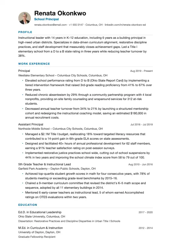 Skoleleder CV-eksempel