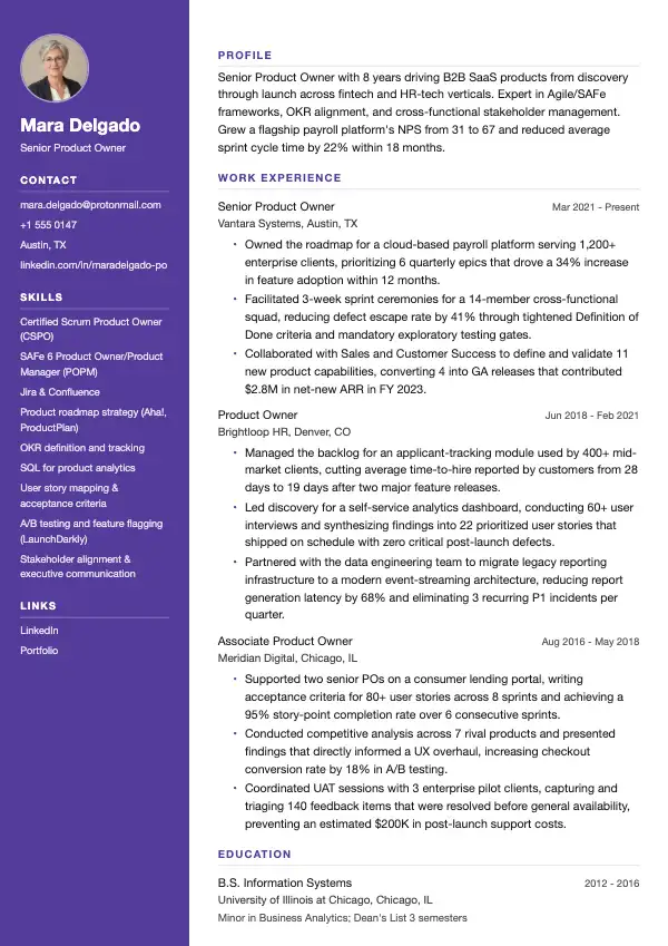 Przykład CV, Product Owner