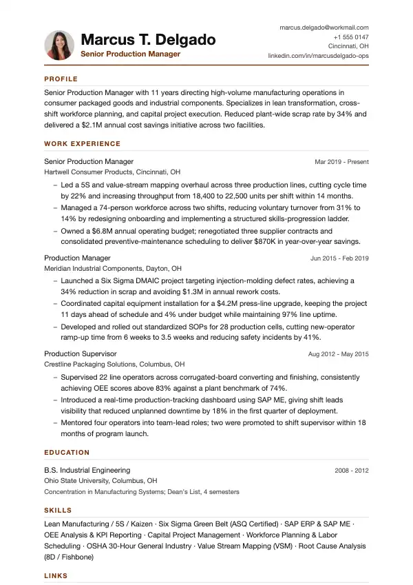 Przykład CV, Kierownik produkcji