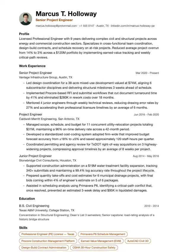 Przykład CV, Inżynier projektu