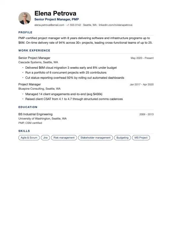 Przykład CV, Kierownik projektu