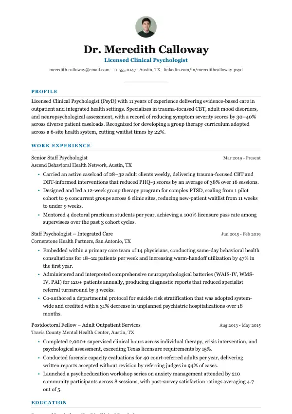 Przykład CV, Psycholog
