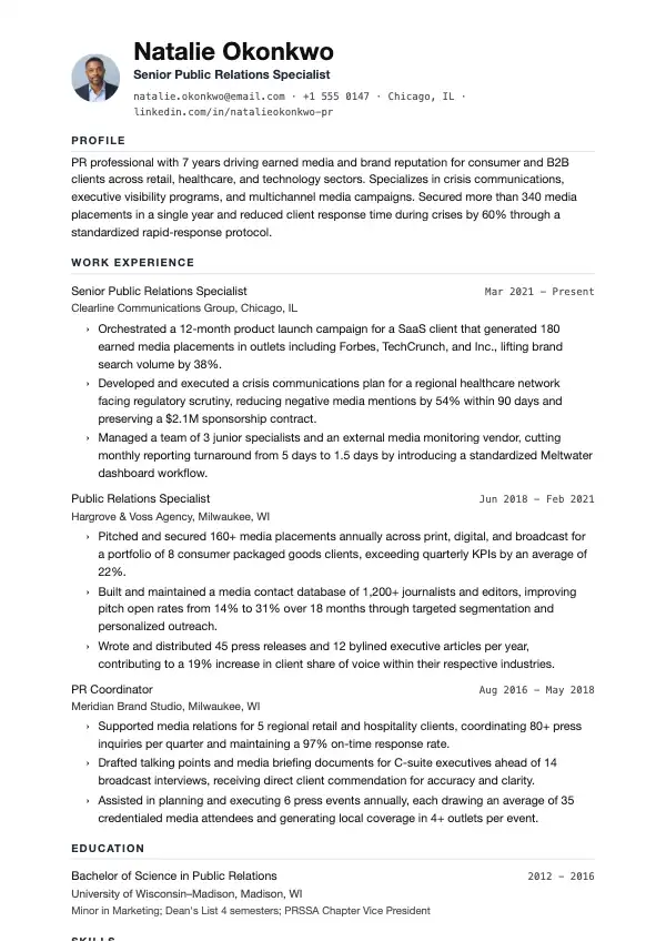 Przykład CV, Specjalista PR
